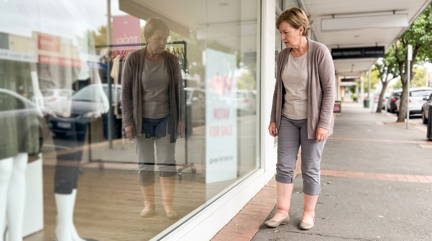 Older woman catching her reflection in a shop window, looking down at her swollen legs