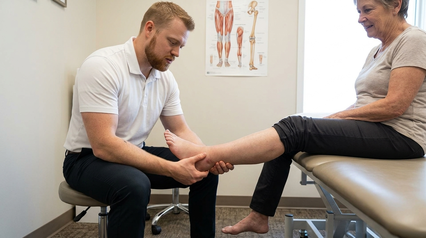 Dr. Kyle Richmond examining a patient's swollen lower leg in his clinic