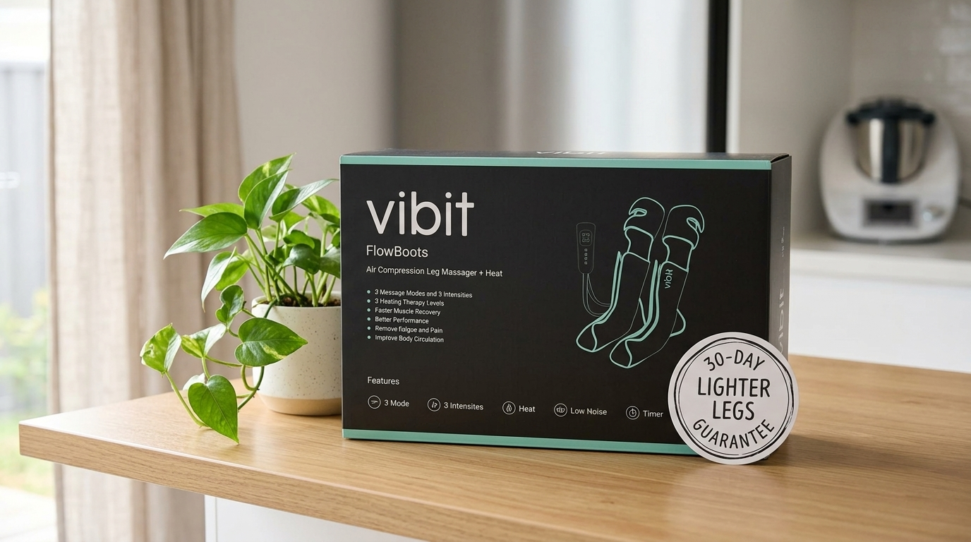 Vibit FlowBoots retail box on a kitchen bench with a 30-day Lighter Legs Guarantee badge