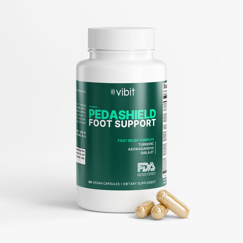 Vibit Pedashield Foot Support supplement bottle with capsules on a white background