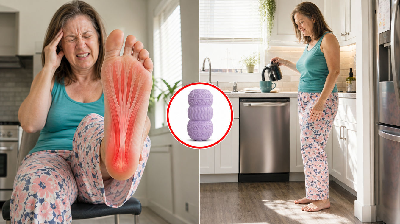 Before and after — wincing in pain at first step versus walking easily after using Vibit Roll