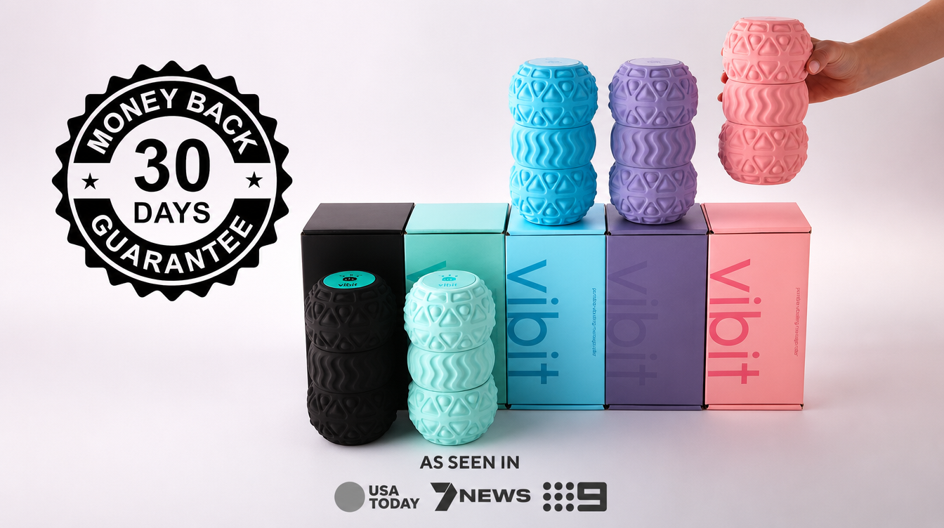 Vibit Roll 5-color lineup with money-back guarantee badge and 'As seen in USA Today, 7 News, 9 News' press strip